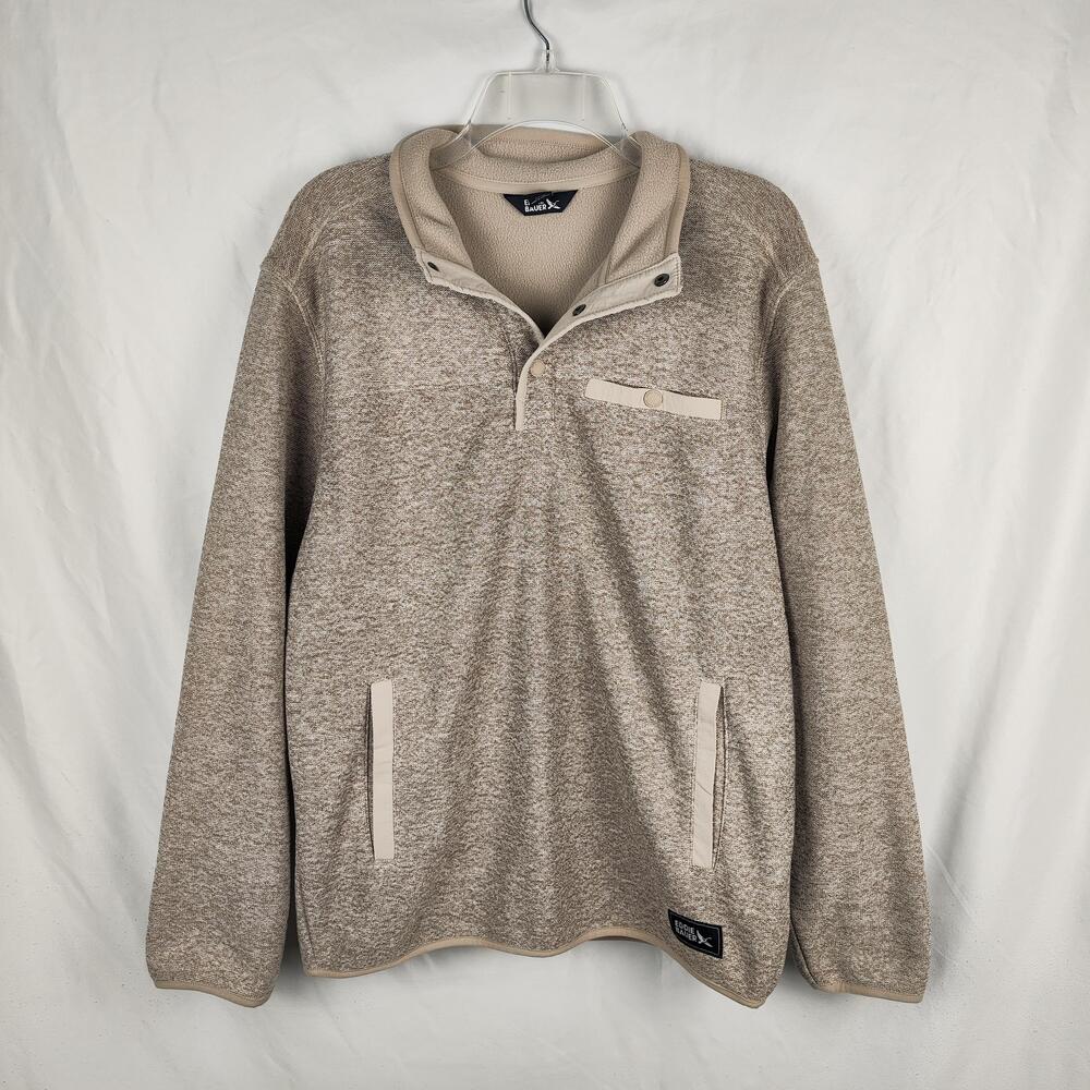 Eddie Bauer Sweater Mens Medium Beige Fleece Mock Neck Pullover Pockets Warm
